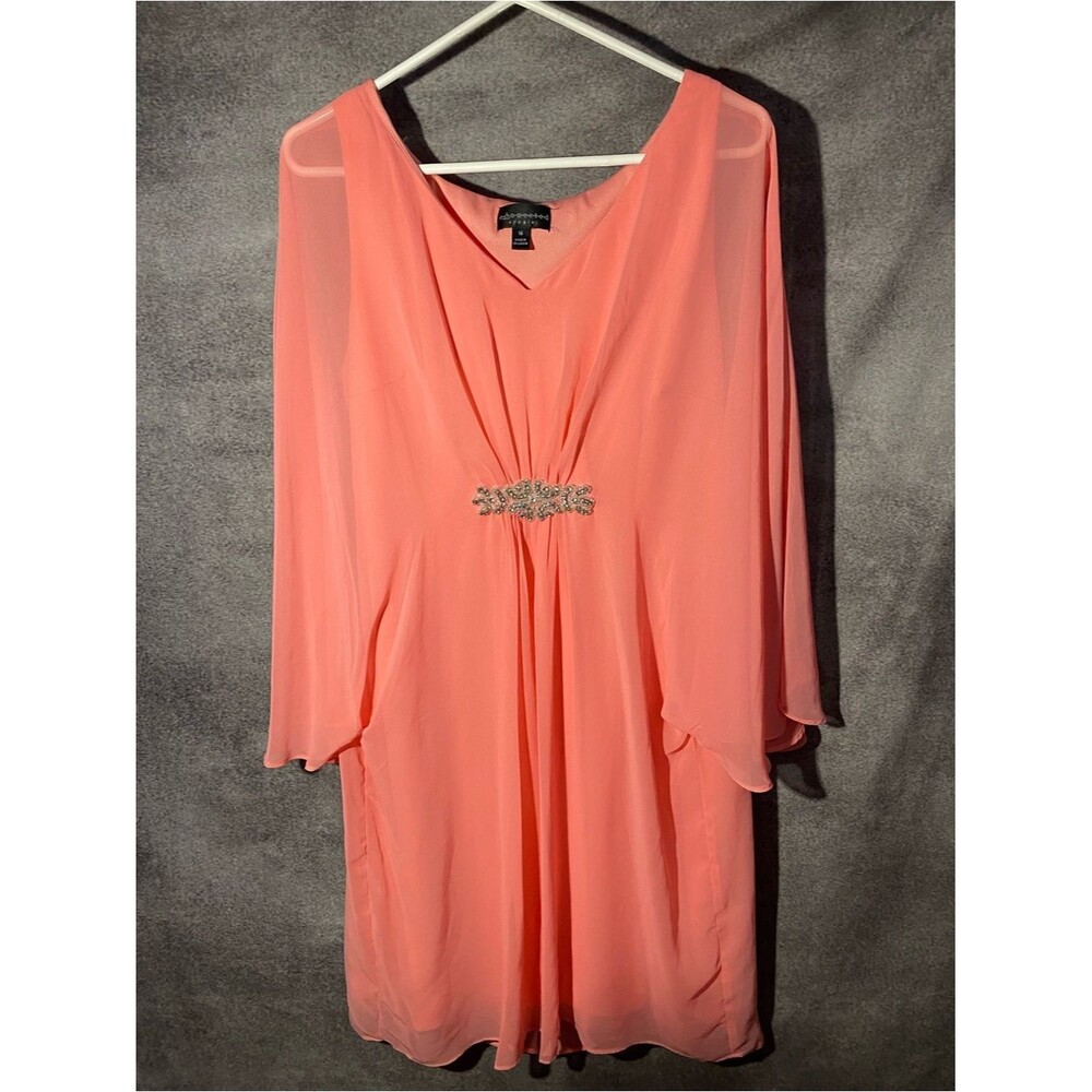 Connected Apparel Coral Chiffon Dress Rhinestone Waist Sheer Sleeve Size 16